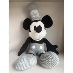 Disney Mickey Mouse Crochet Knit Steamboat Willie Stuffed Plush Black Grey